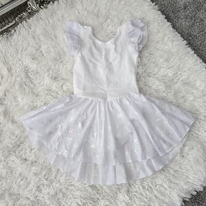 MdnMd Bow Print Girls Ruffle Sleeve Ballet Dance Dress Tutu Skirted Leotard. Whi